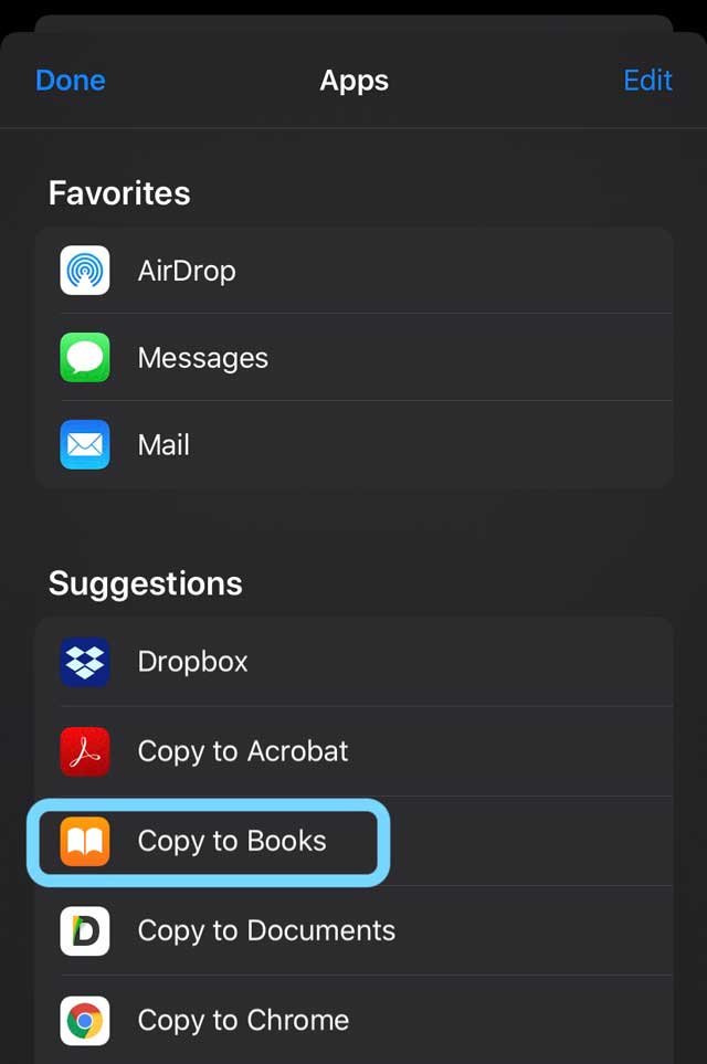 copy to books option in Safari share sheet
