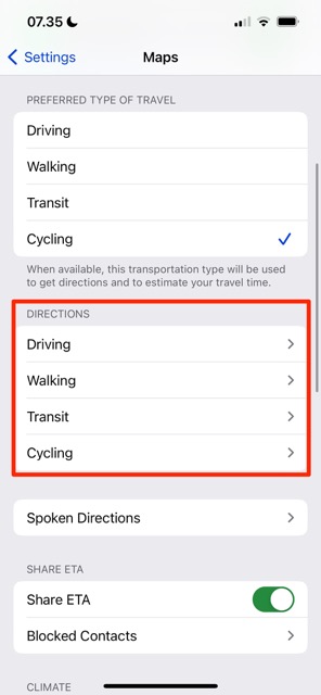 Search Directions Maps iPhone Settings Screenshot
