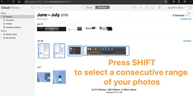 iCloud.com select a consecutive range of photos from Windows