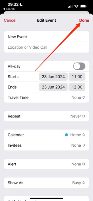 Screenshot showing what to do once you've changed the time in Apple Calendar for iOS