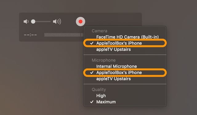 iPhone in Quicktime New Movie Recording settings