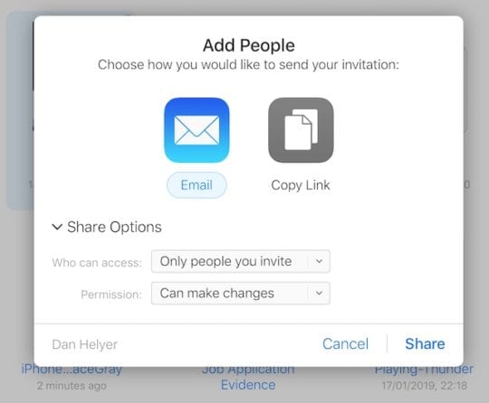 Share options in iCloud Drive
