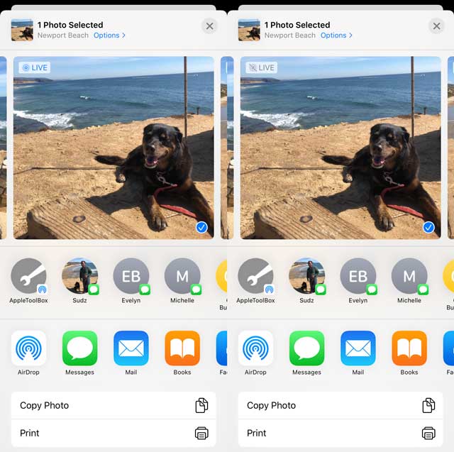 turn live photo off or on when sharing Live Photos from the Photos app