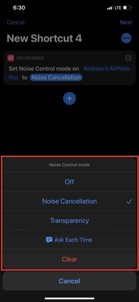 Shortcuts AirPods Pro Noise Control Mode 3