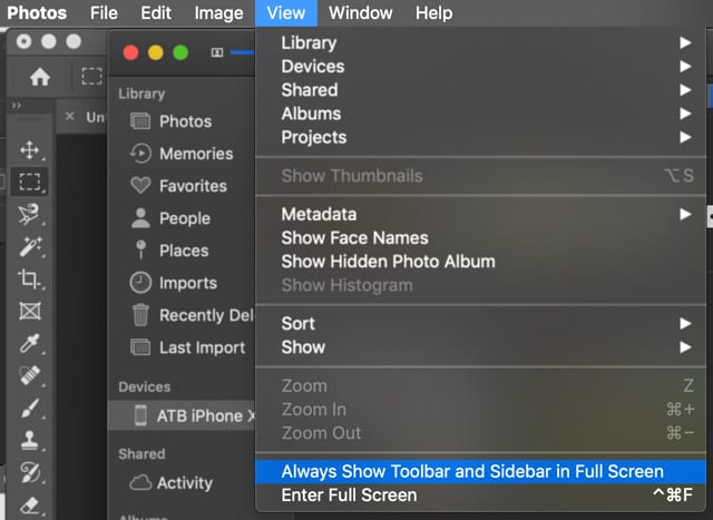 how to show the sidebar and toolbar in Mac's Photos App for macOS