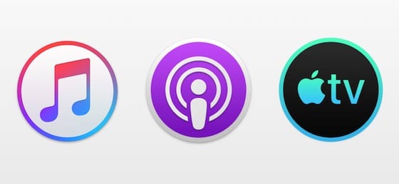 Music, Podcasts, and TV app icons that replace iTunes in macOS Catalina