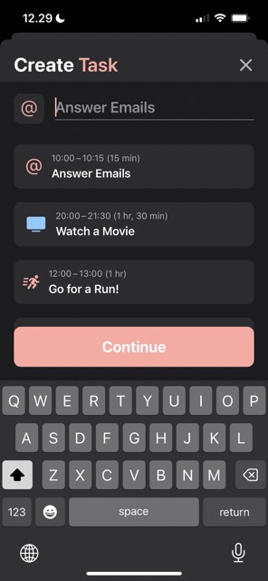 Screenshot showing how to create a task in Structured for iOS