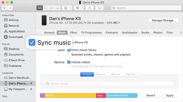 Sync Music checkbox in Finder iPhone sync page