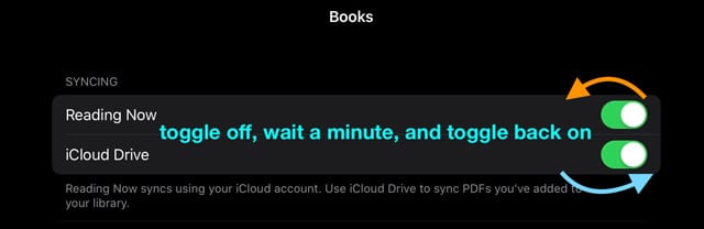 toggle Apple books iCloud drive and reading now off and on