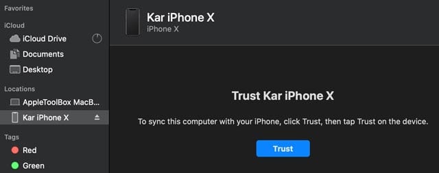 macOS Finder app Trust iPhone message