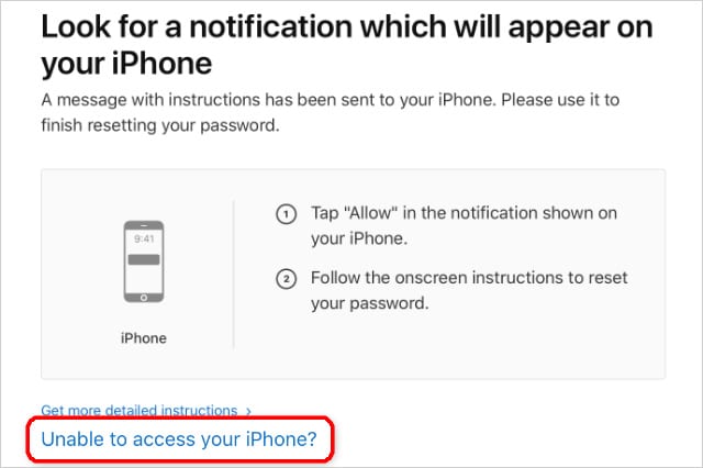 Unable to access your iPhone button on iForgot webste