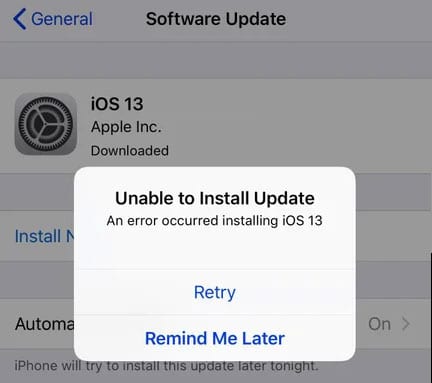 error message unable to install iOS 13 Update