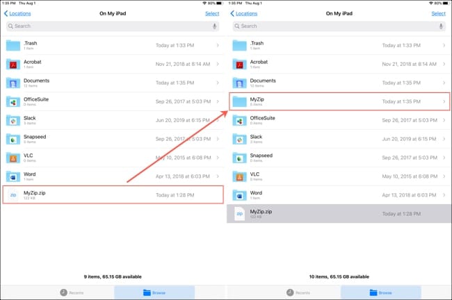 Tap a ZIP file to open it in Files on iPadOS