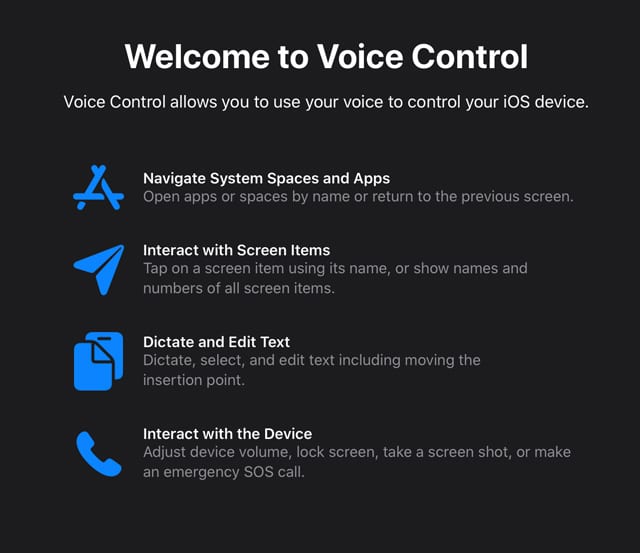 welcome to voice control splash screen for iOS 13and iPadOS