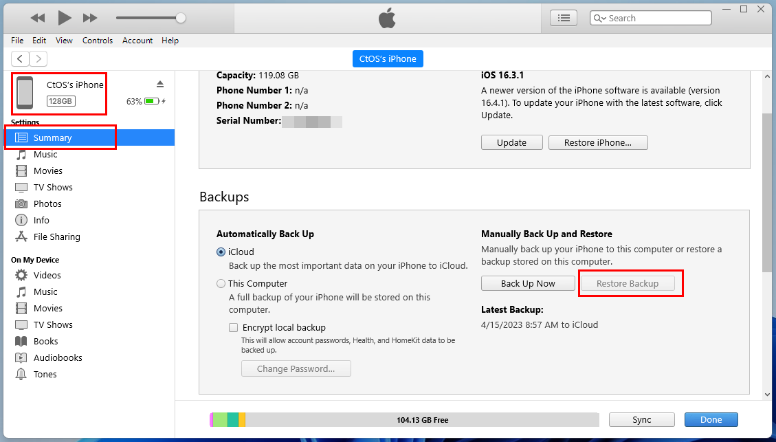 Restore Backup on iPhone from iTunes Windows 11